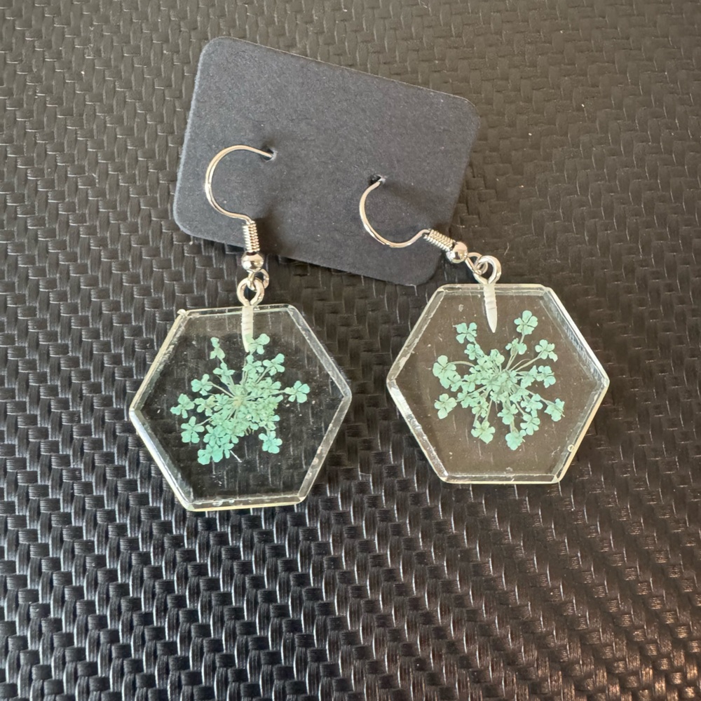 Hexagon Resin Earrings with Green Floral Design